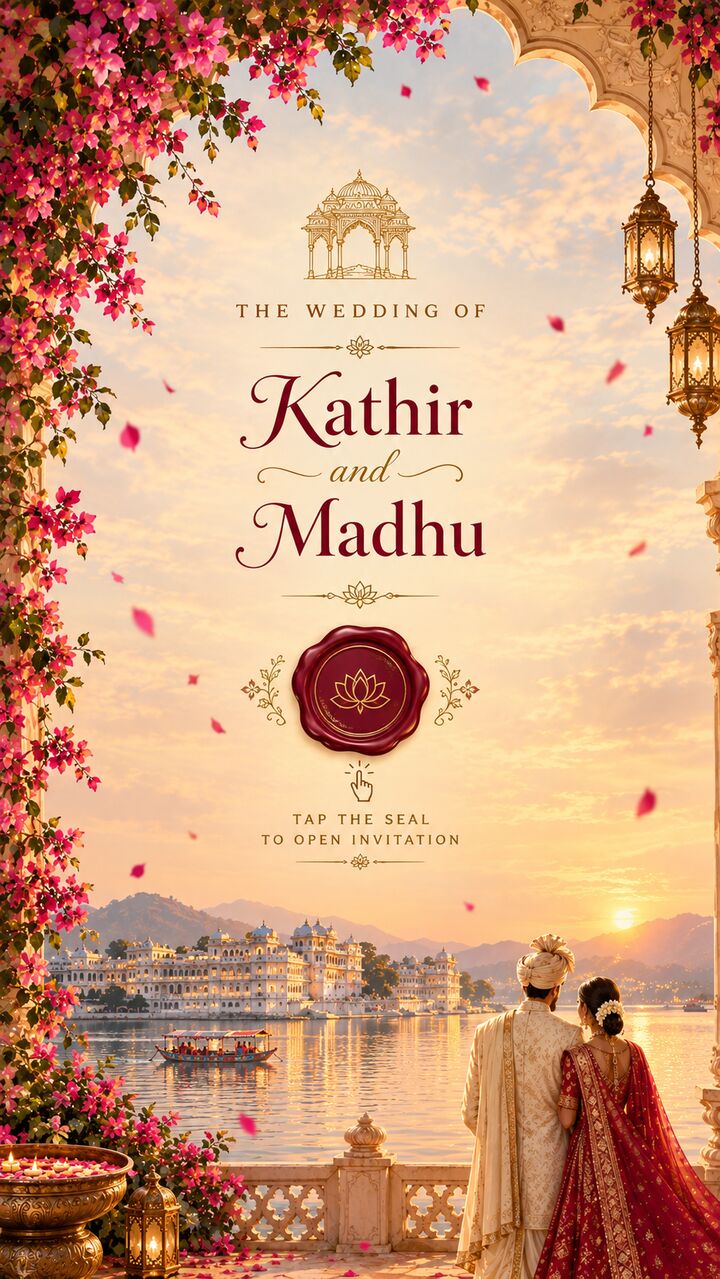 Kathir and Madhu, the wedding invitation — a couple overlooking the lake palace at sunset