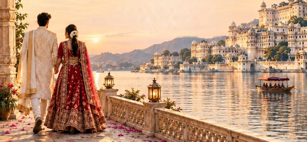The couple walking along a lakeside terrace at sunset